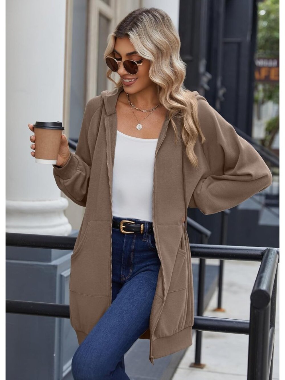 〽️Women's Coffee Grey Long Fleece Zip Up Tunic Hoodie Oversized Casual Jacket - Picture 3 of 6